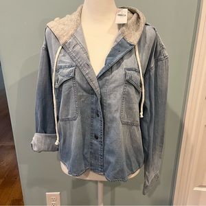 NWT American Eagle Hooded Jacket Women Light Blue Denim Button Cropped Pocket M